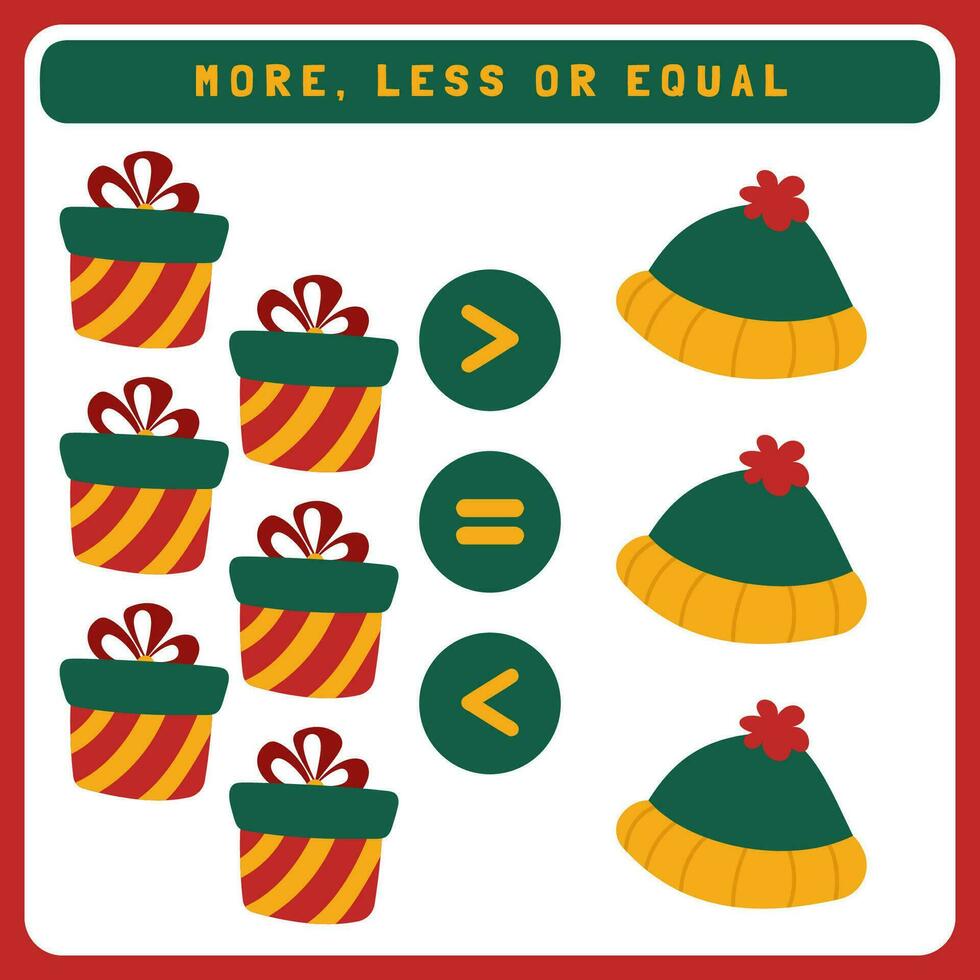 Christmas worksheet for kids more, less or equal. Compare the number of cute Christmas object. New year educational game for kids. vector