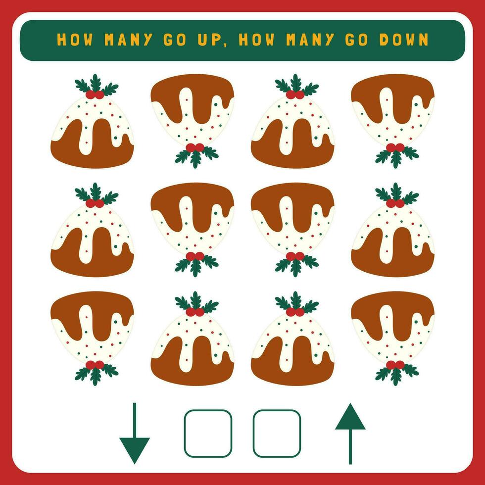 Christmas worksheet how many go up and how many go down. Counting game with cute Christmas objects. Winter activity page vector