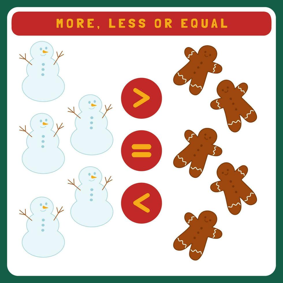 Christmas worksheet for kids more, less or equal. Compare the number of cute Christmas object. New year educational game for kids. vector