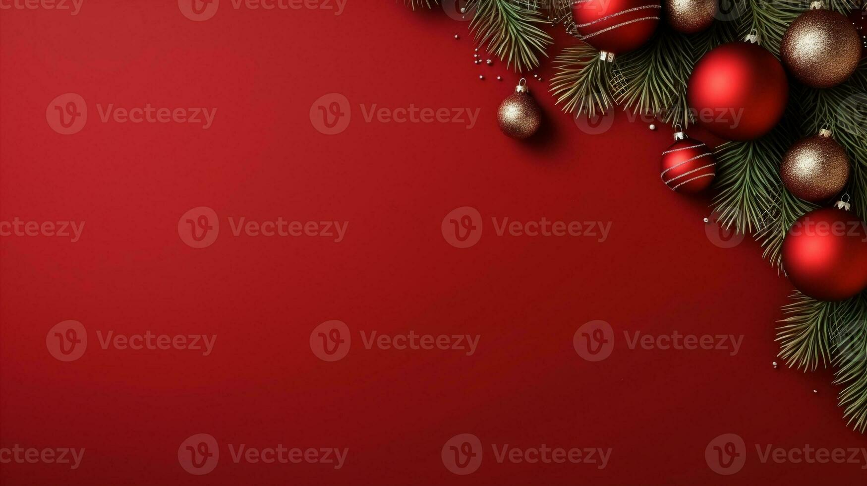 Red background,decorated with christmas ball, copy space top view, luxurious decoration background AI Generated photo