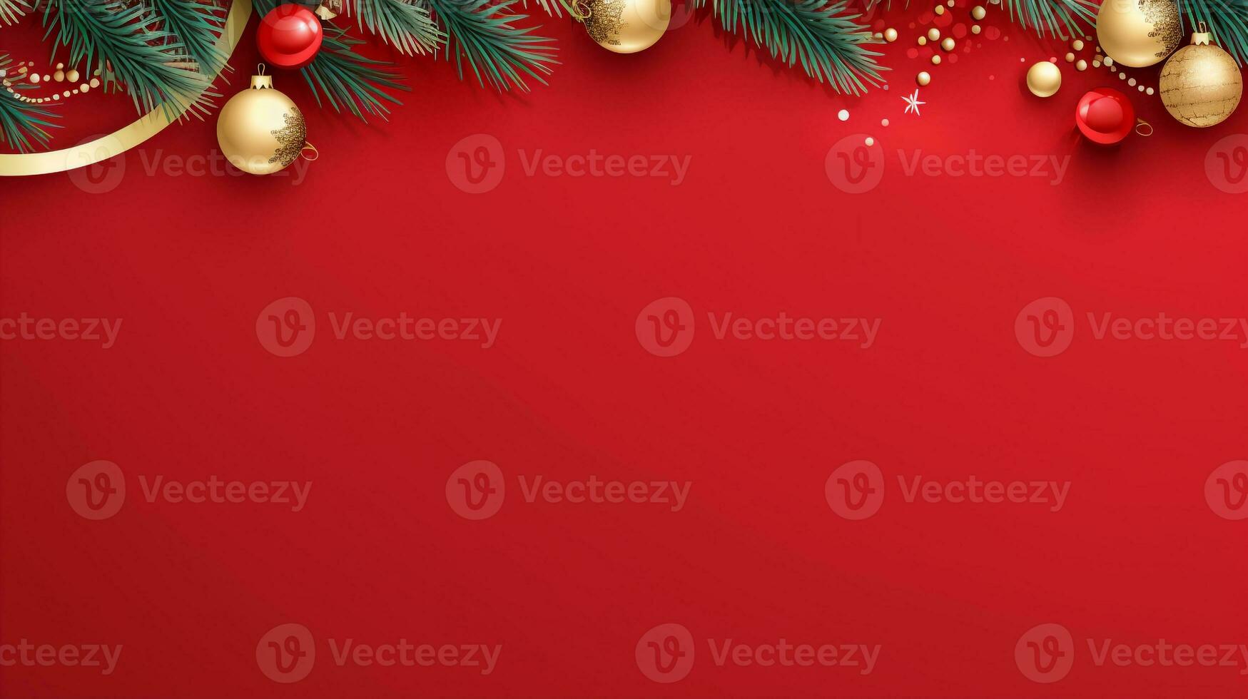 Red background,decorated with christmas ball, copy space top view, luxurious decoration background AI Generated photo