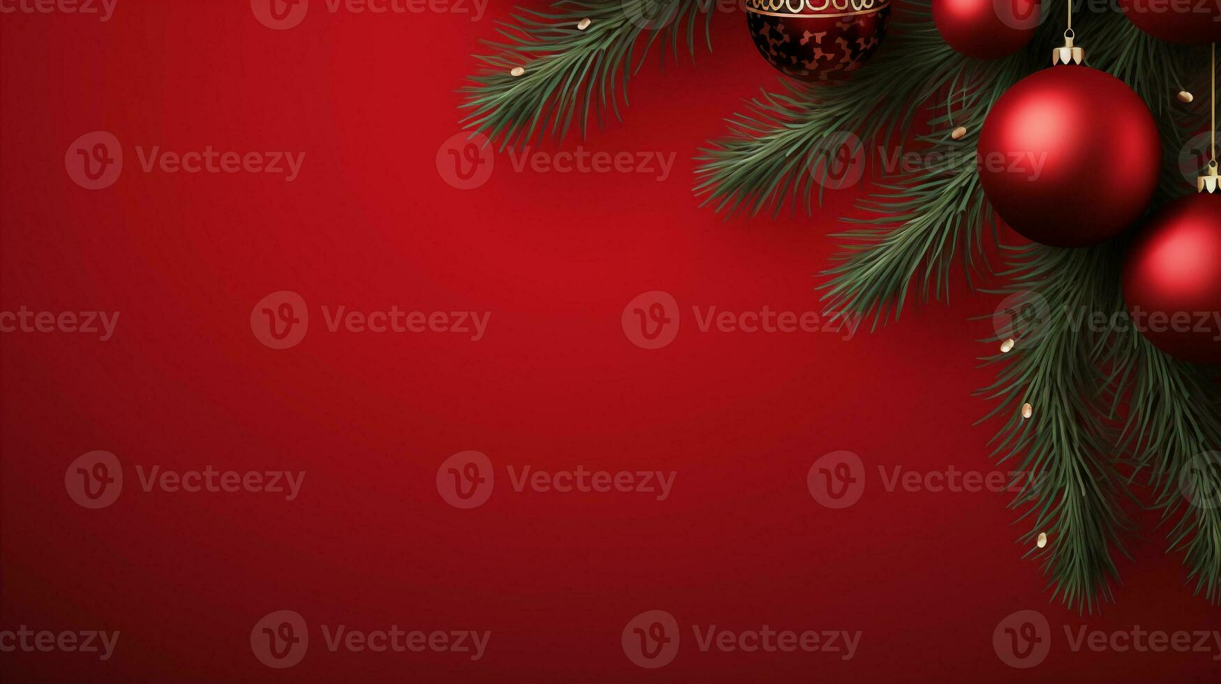 Red background,decorated with christmas ball, copy space top view, luxurious decoration background AI Generated photo