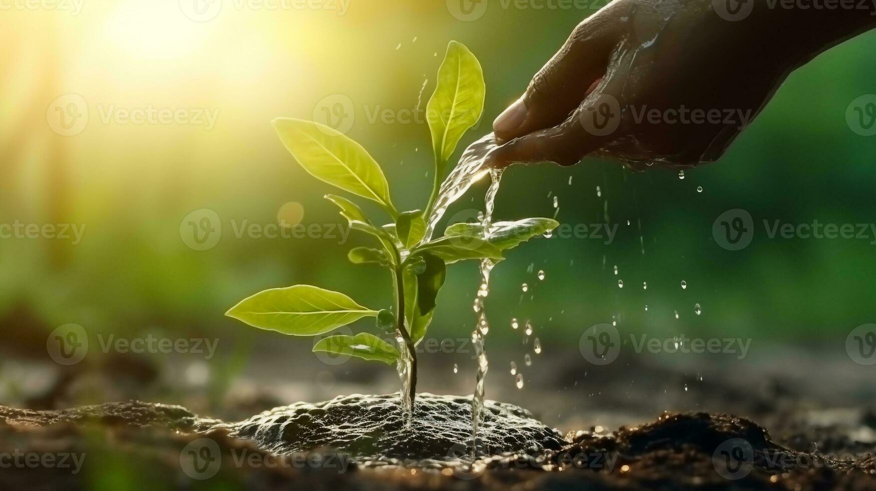 Hand nurturing and watering plants growing  on fertile soil at sunset background Ecology concept  AI Generated photo