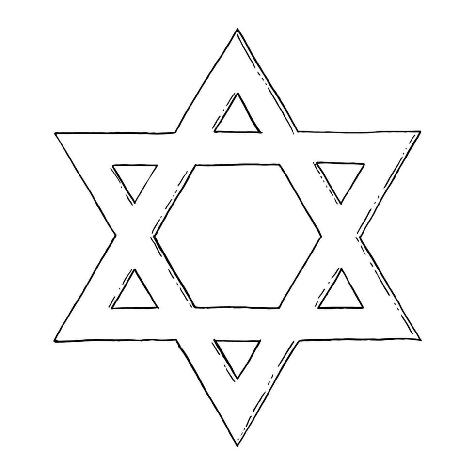 Star of David black and white ink illustrations for Israel and Jewish designs, Magen David Adom service. Six pointed hexagram geometric figure vector