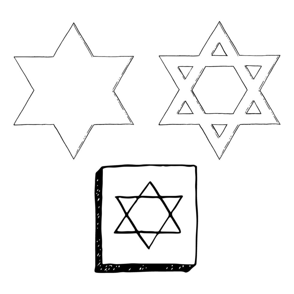 Vector star of David black and white graphic illustration set for Jewish designs with magen David. Six pointed hexagram geometric figure