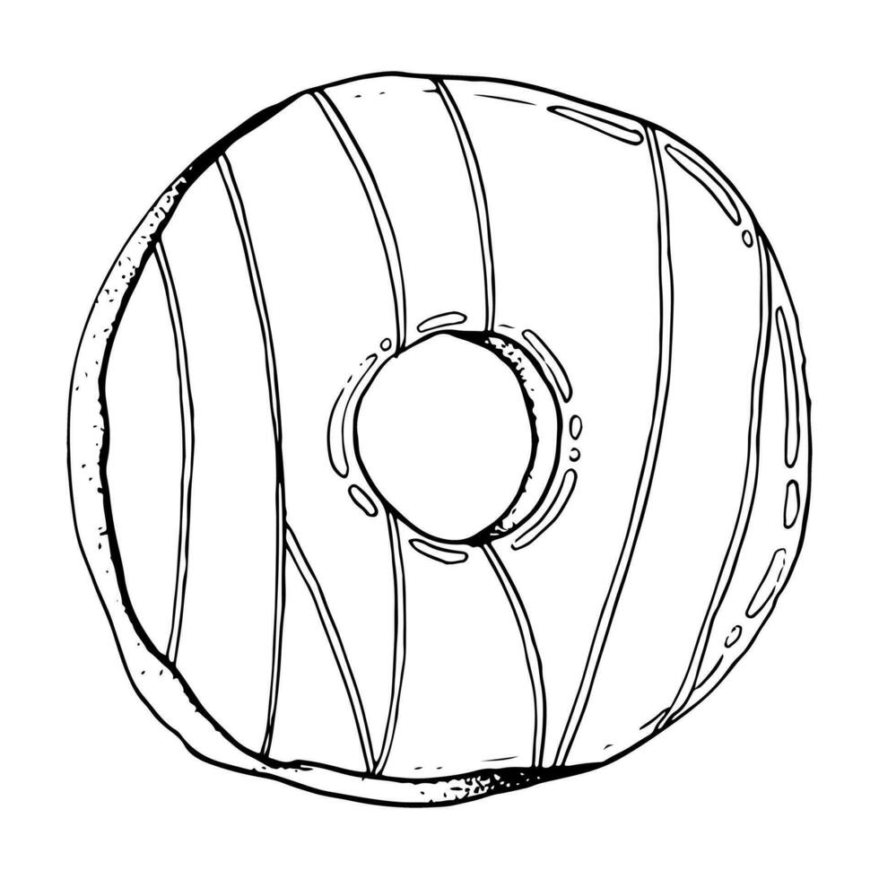 Vector donut sweet dessert for breakfast hand drawn vector illustration, top view. Baked doughnut with glaze for bakery and cafe menu