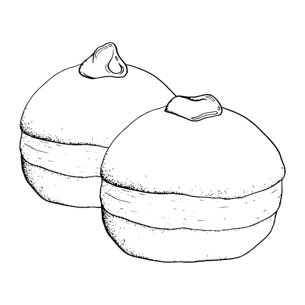 Two vector donuts for Jewish Hanukkah holiday black and white simple illustration. Hand drawn sufganiyot doughnuts with strawberry jam and jelly