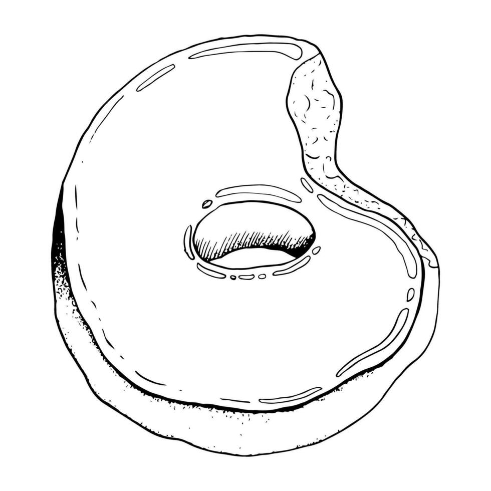 Vector glazed donut hand drawn black and white graphic illustration. Top view, bitten icing doughnut for bakery and cafe