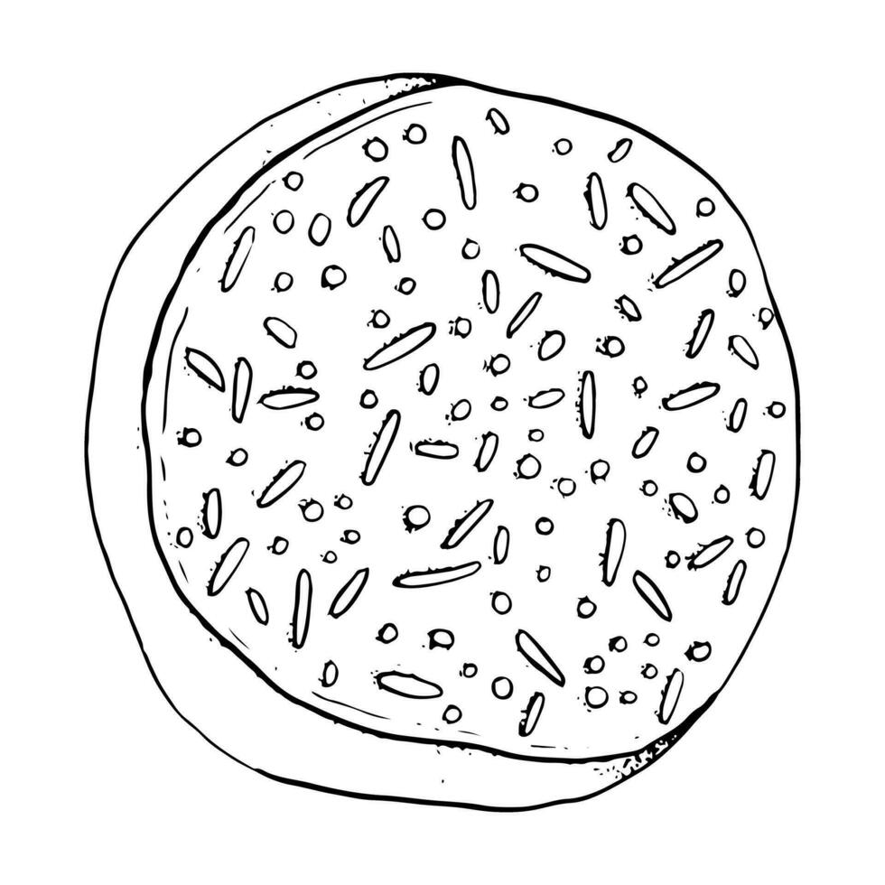 Vector glazed donut with sprinkles. Hand drawn simple black and white illustration. Top view doughnut for bakery and cafe designs