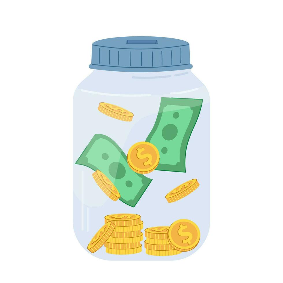 Saving money jar. Money box glass with banknotes and coins. Vector flat illustration.