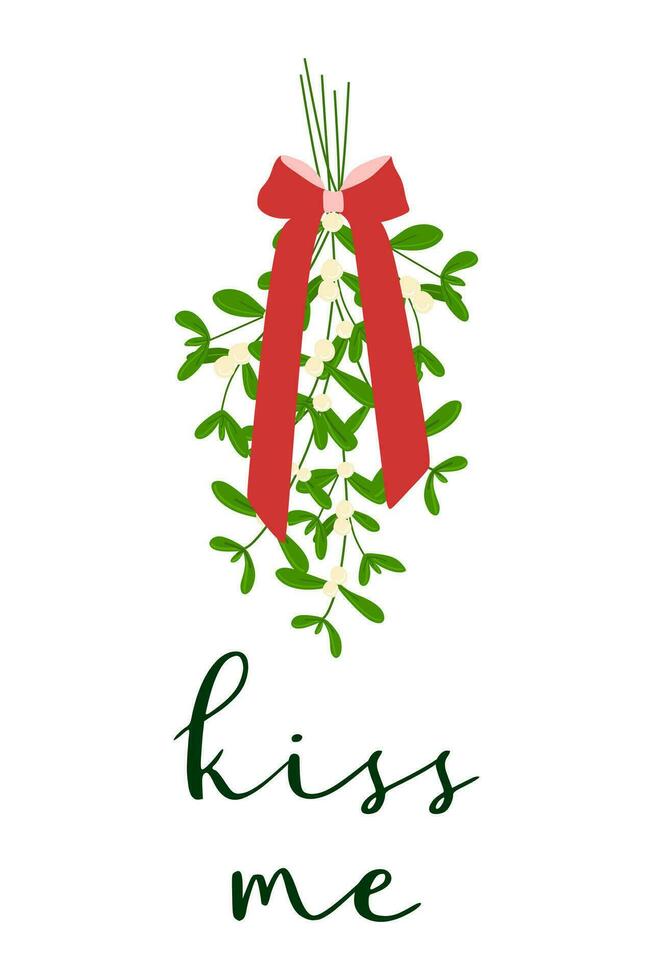 mano dibujado muérdago con letras Beso a mí. vector plano Navidad planta modelo. romántico invierno fiesta ilustración aislado en blanco. saludo tarjeta diseño, tarjeta postal, bandera, invitación