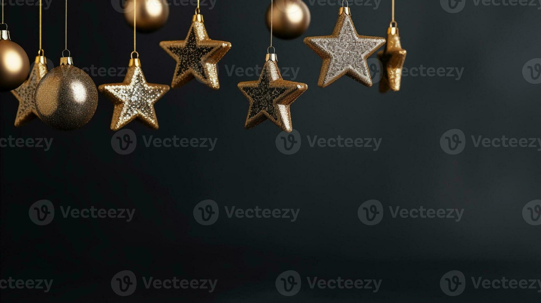 Christmas and New Year background. Golden ball and Star on ribbon on black background with copy space for text. The concept of Christmas and New Year holidays AI Generated photo