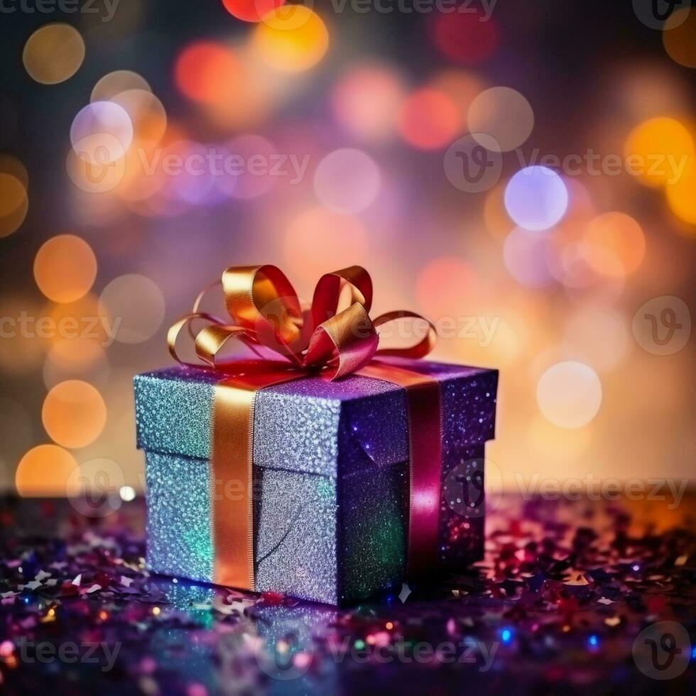 Christmas gift boxes with holiday, defocused  background, Generative AI photo