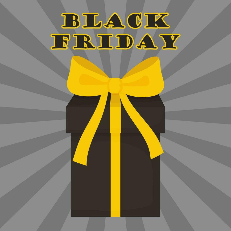 Black Friday. Black gift with yellow bow on grey background. Vector illustration. retro style