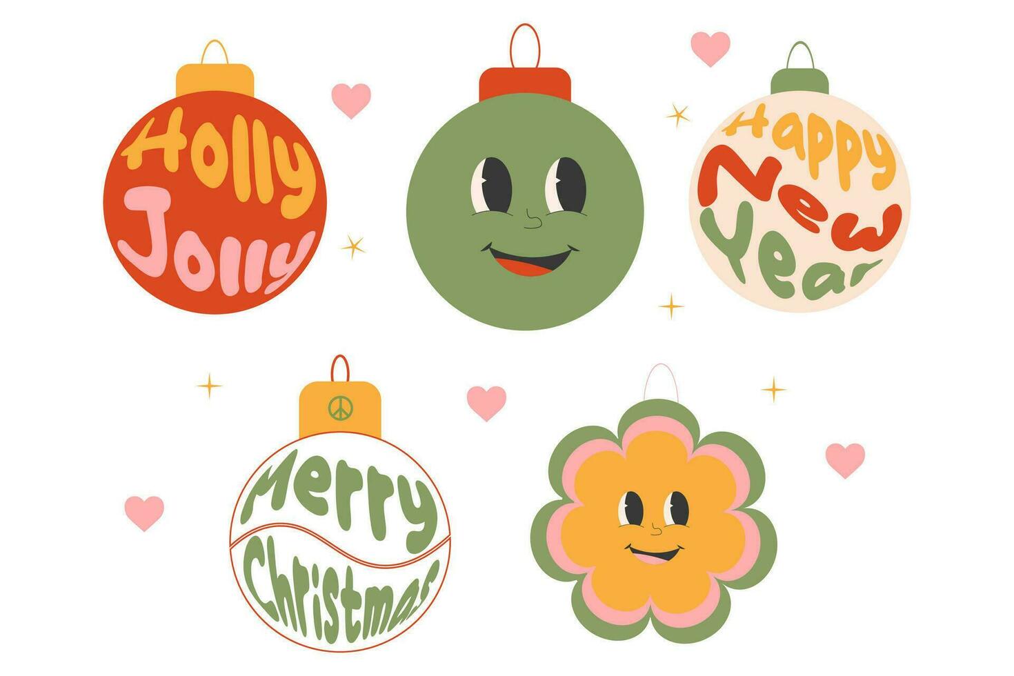 groovy set of Christmas balls with quoted isolated on a white background. vector illustration