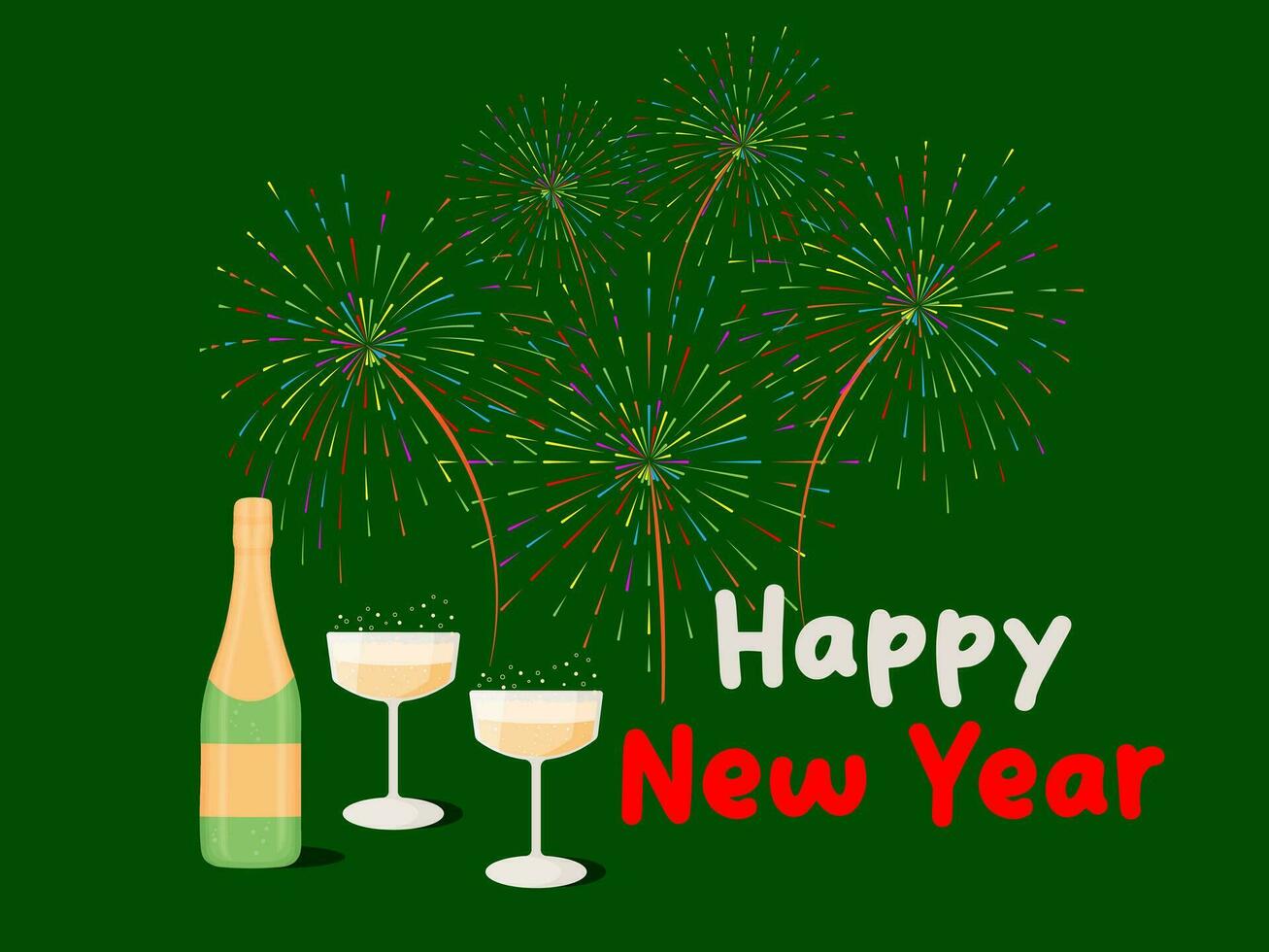 nuevo años tarjeta. brillante fuegos artificiales, champán anteojos, un botella de vino en un verde antecedentes. vector ilustración