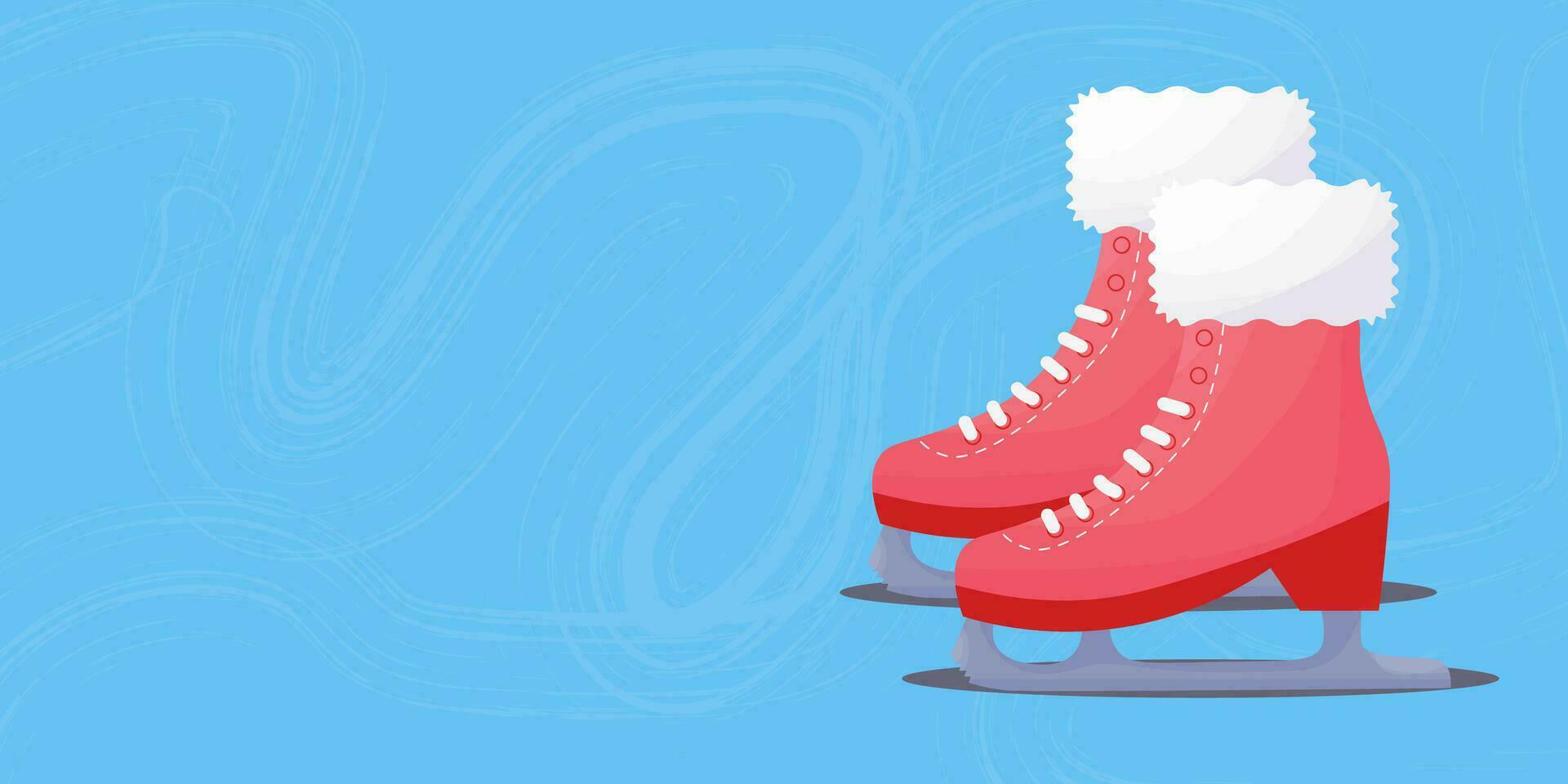 Red figure skates with fur on a blue background. Copy Space. Winter sport. Vector illustration