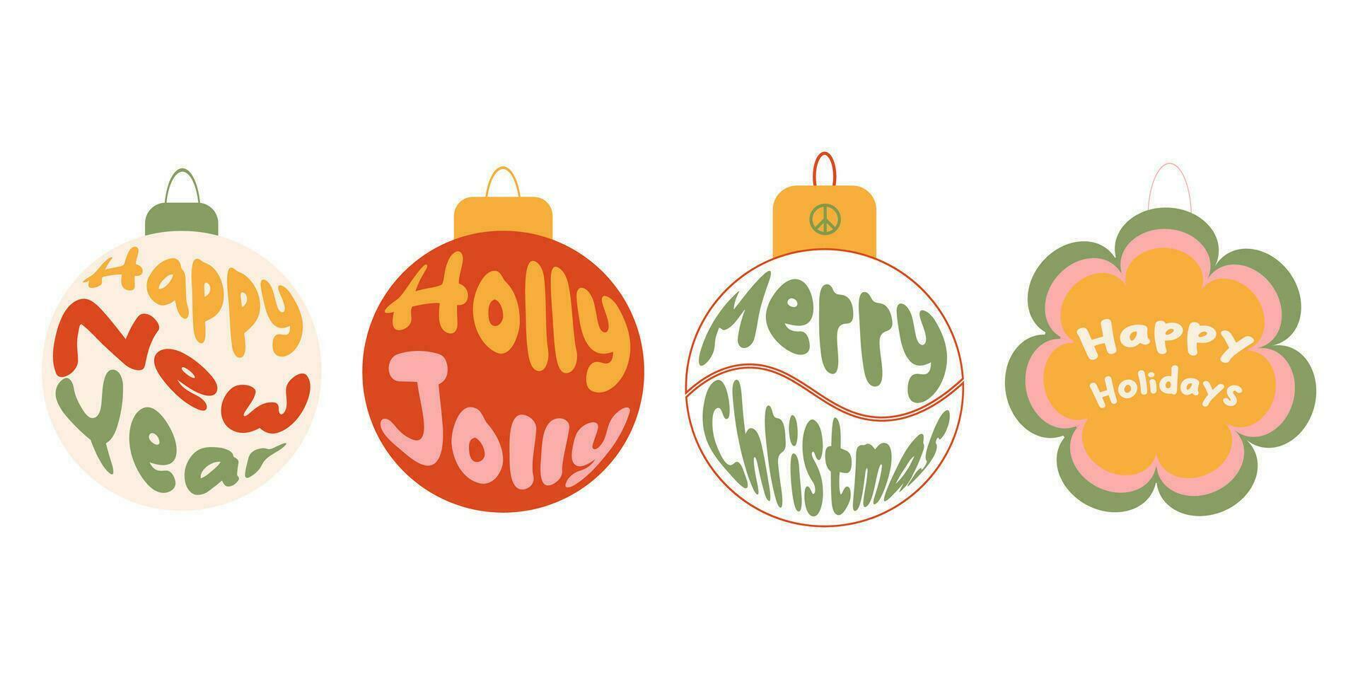 groovy set of Christmas balls with quoted isolated on a white background. Trendy vector illustration in style hippie