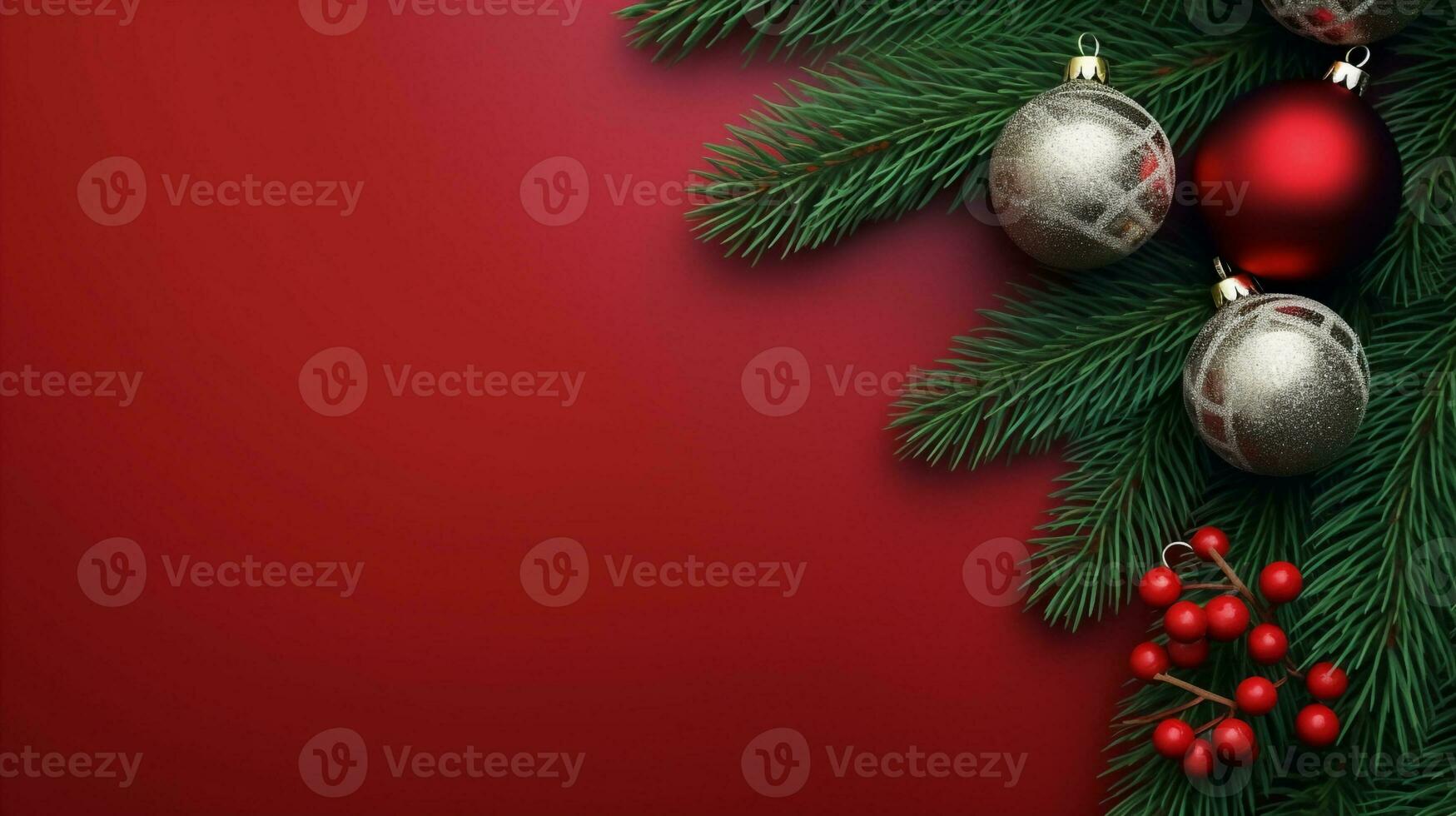 Red background,decorated with christmas ball, copy space top view, luxurious decoration background AI Generated photo