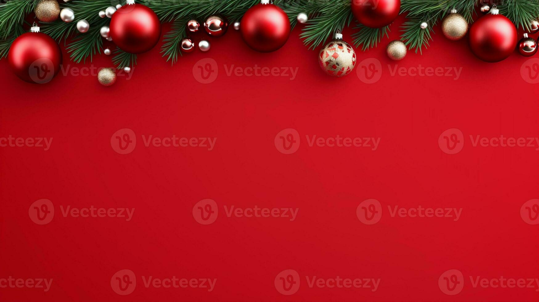 Red background,decorated with christmas ball, copy space top view, luxurious decoration background AI Generated photo