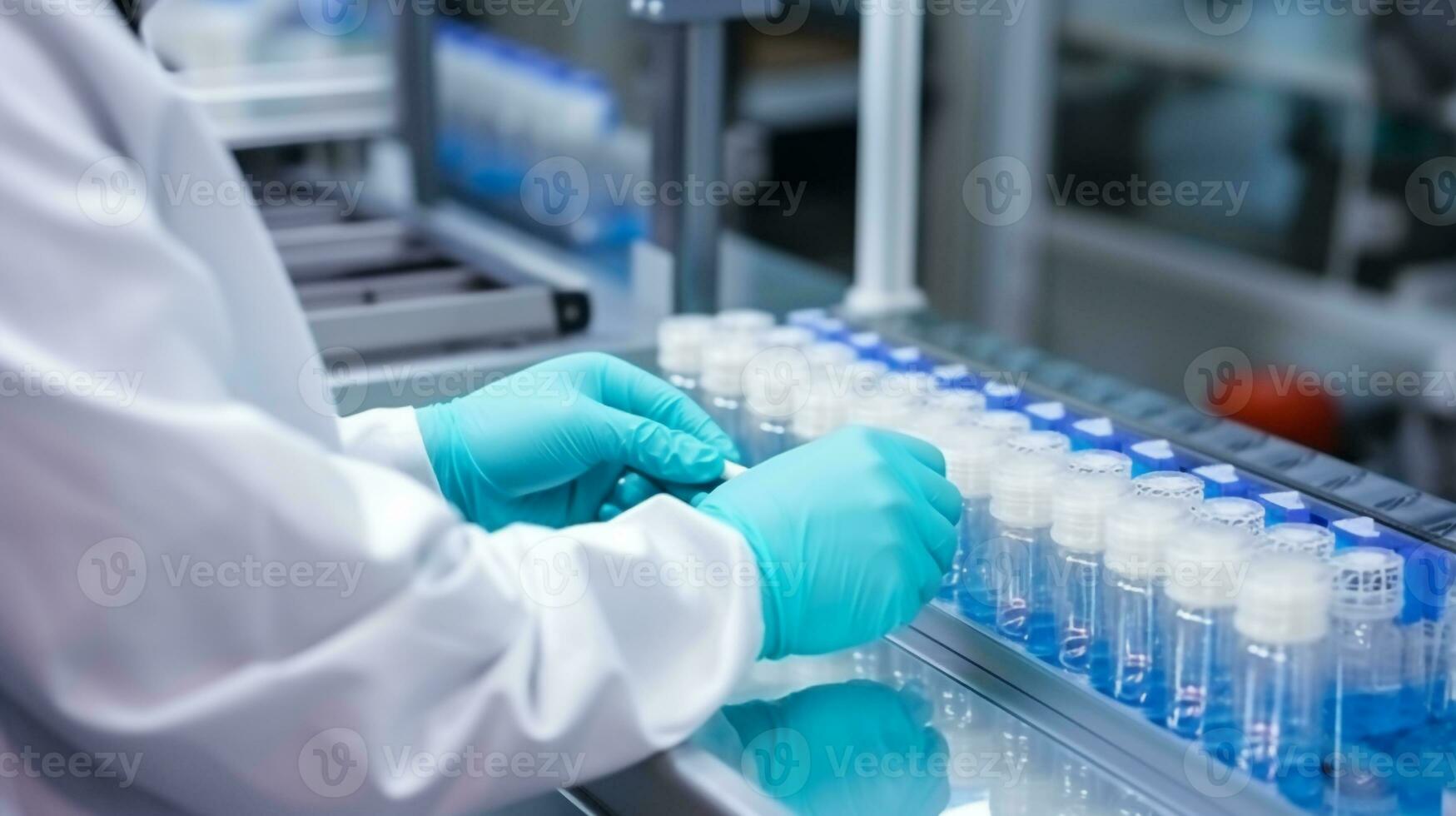 hand with sanitary gloves check Medical vials Pharmaceutical Manufacturing Process, Pharmaceutical machine working pharmaceutical glass bottles production line AI Generated photo