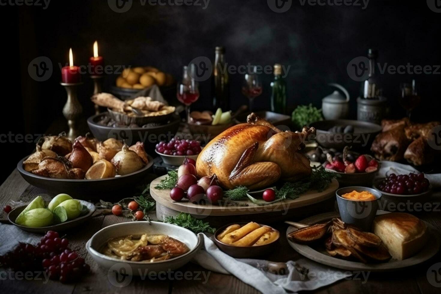 Thanksgiving dinner table with roasted turkey, baked potatoes, wine, fruit and vegetables, Generative AI photo