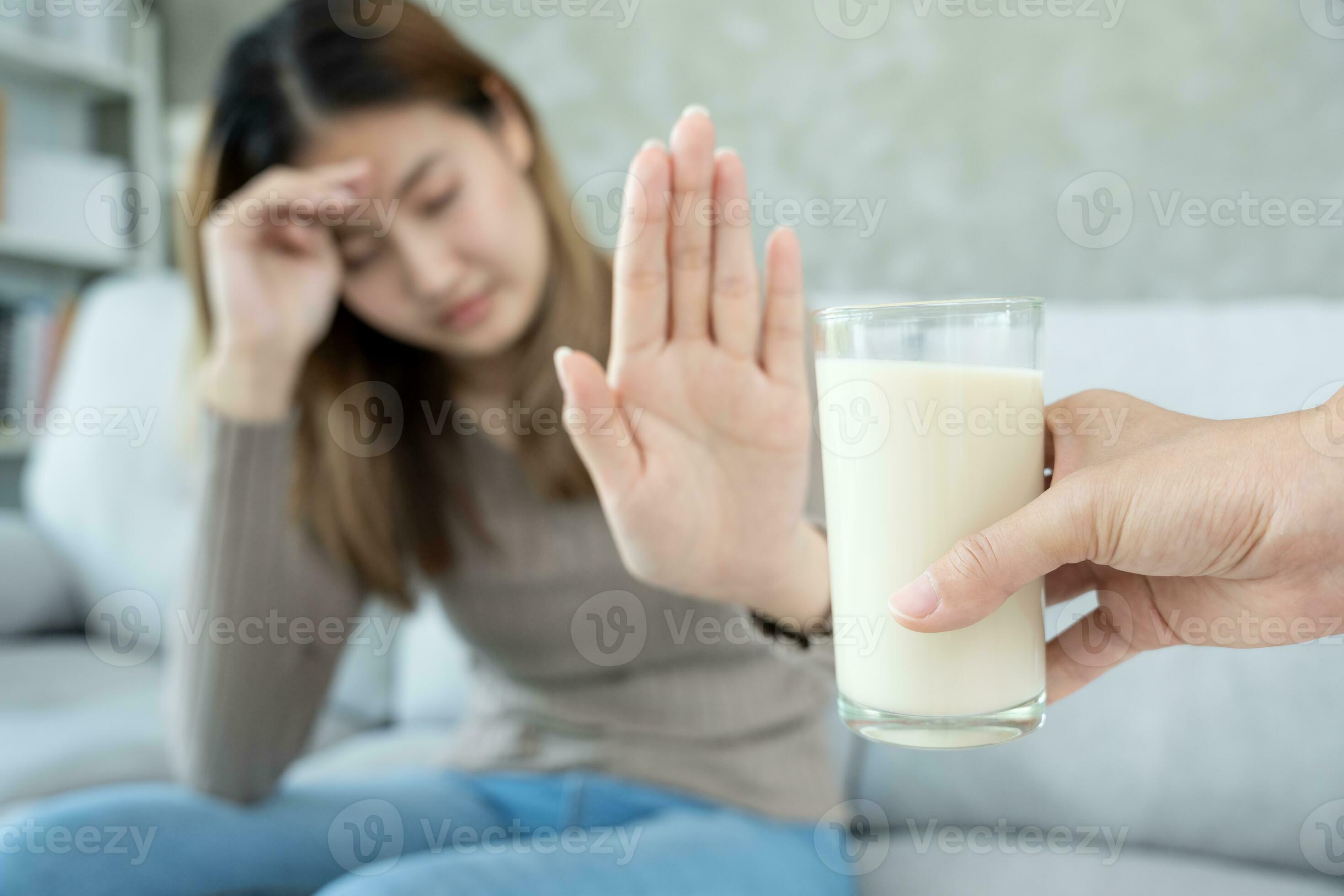 Milk allergens, Sick sad unhealthy, woman confuse drink milk, runny