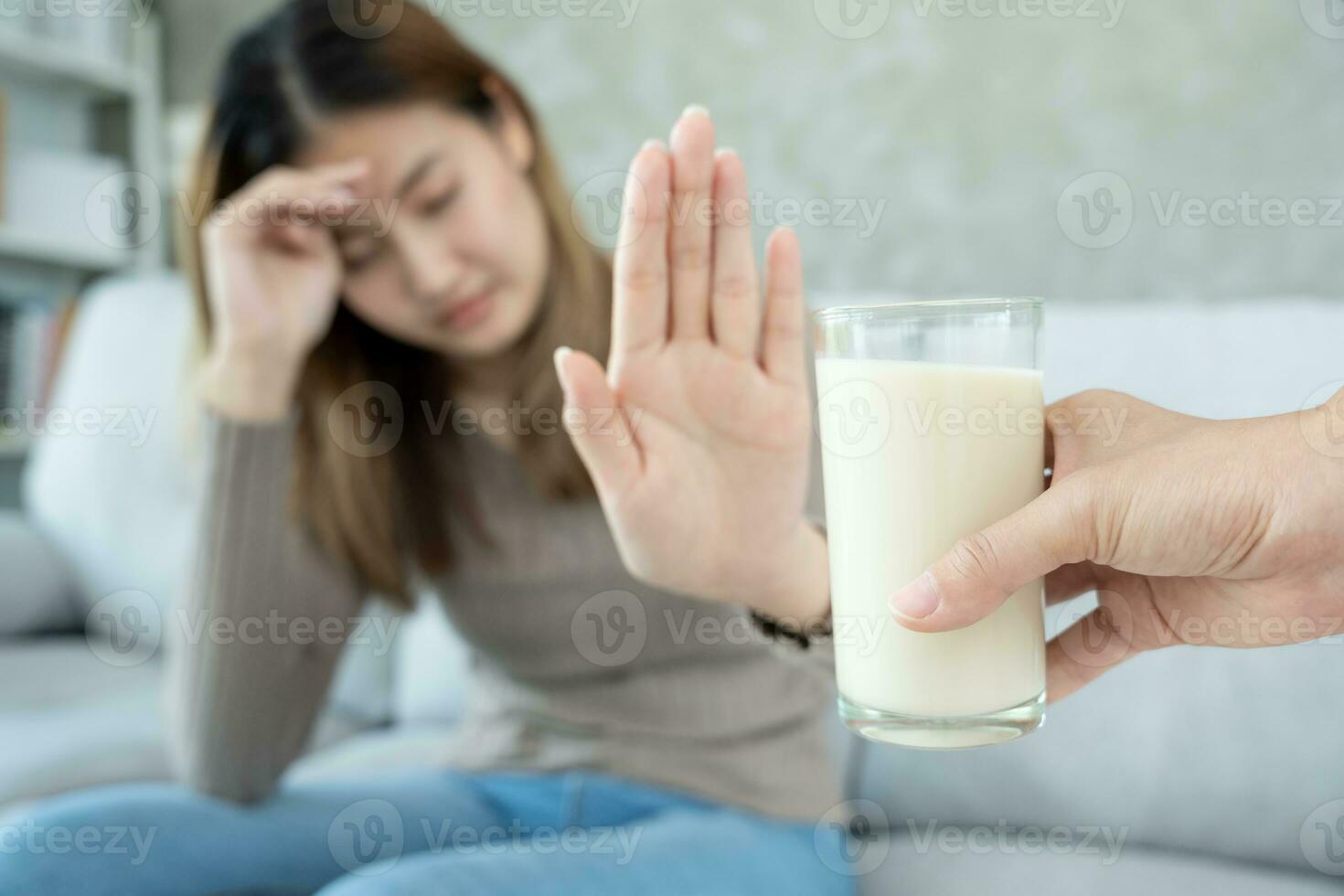 Milk allergens, Sick sad unhealthy, woman confuse drink milk, runny