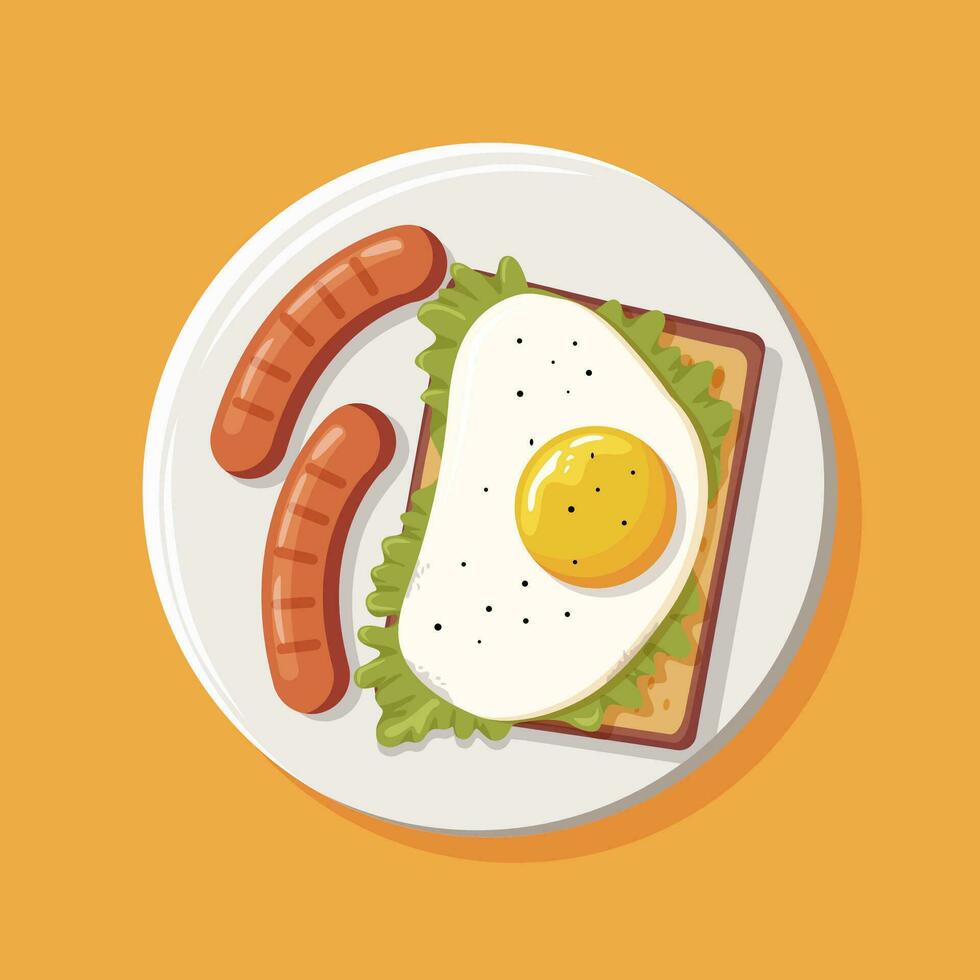 Fried egg and sausages on the plate vector