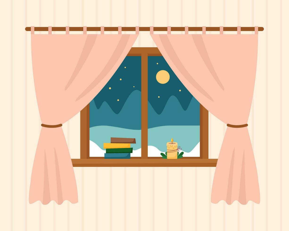 ventana invierno con paisaje ver vector