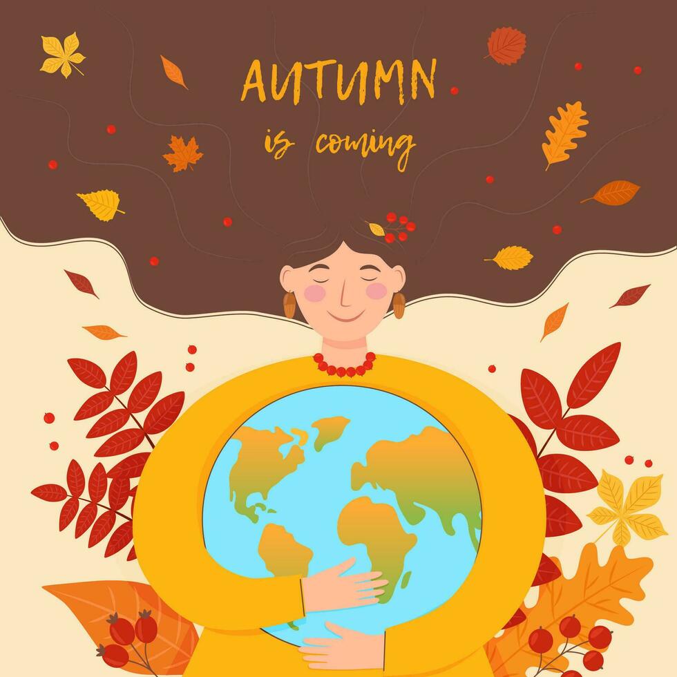 Autumn woman hugs the planet vector