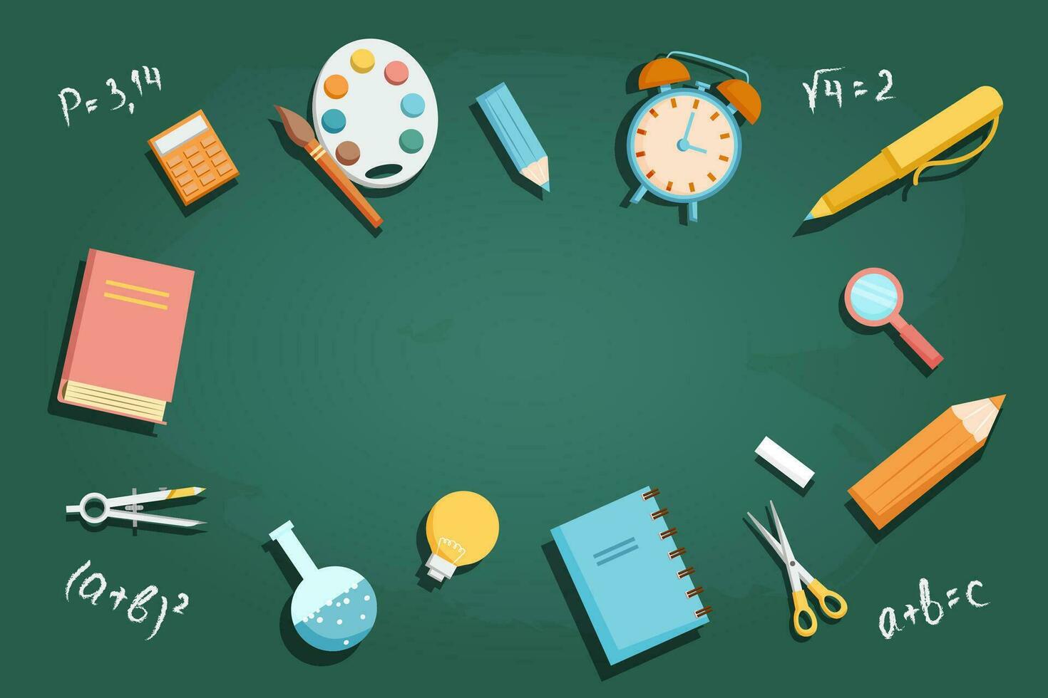 School background with school supplies on the chalkboard vector