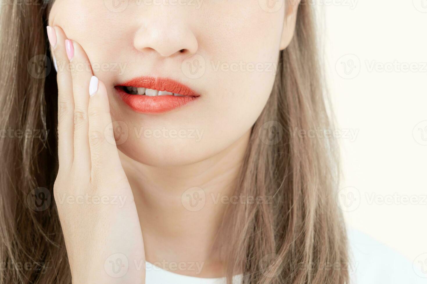 Asian woman feel toothache from gingivitis, female suffer tooth, decay problems, dental care. sensitive tooth, decay problem, bad breath, Gingival Recession, Oral Hygiene instruction, tooth extraction photo