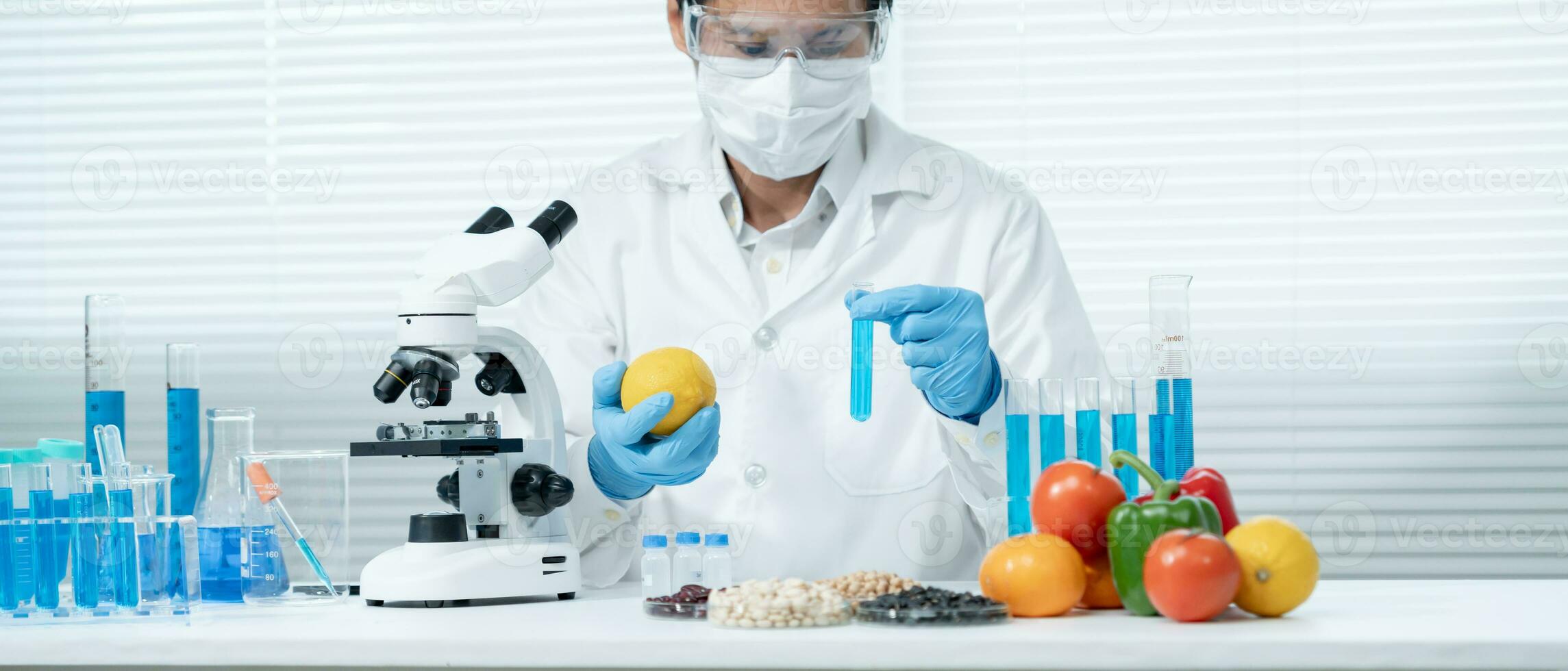 Scientist check chemical food residues in laboratory. Control experts inspect quality of fruits, vegetables. lab, hazards, ROHs, find prohibited substances, contaminate, Microscope, Microbiologist photo