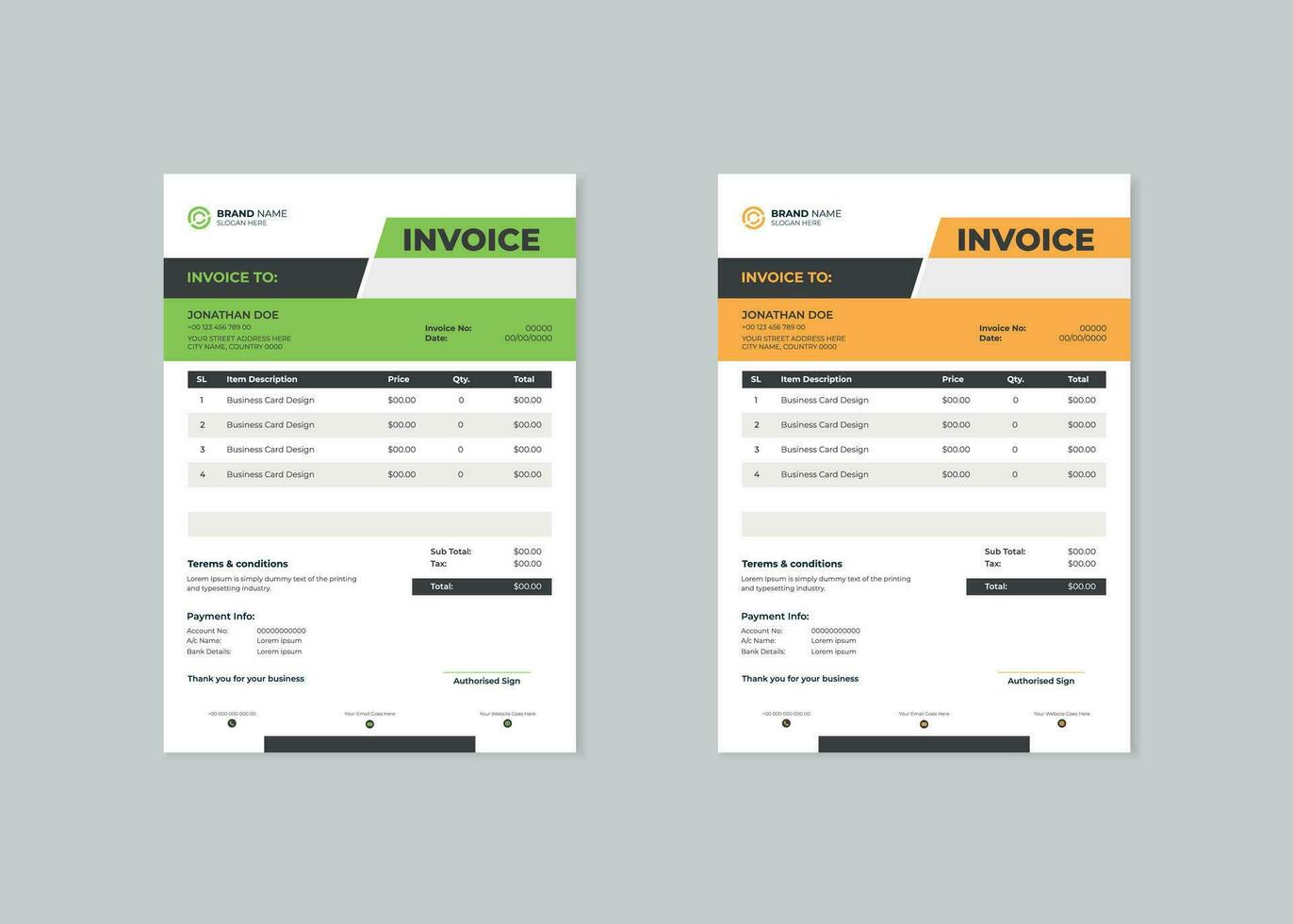 Creative invoice Template in 2 different colot. Vector Business invoice for Print Template