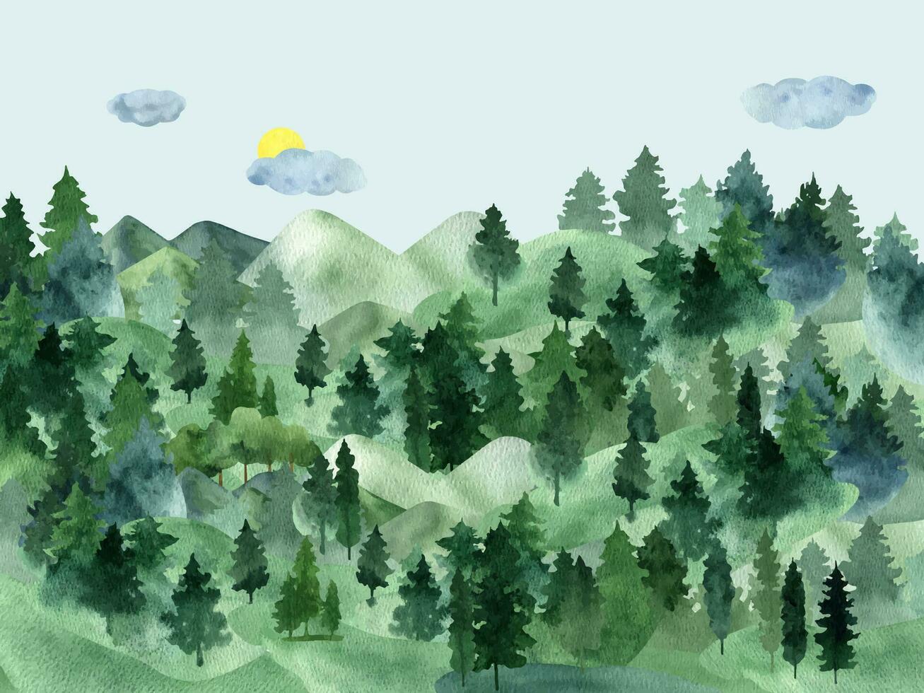 Hand drawn watercolor evergreen forest and mountains landscape with sky, sun and clouds vector