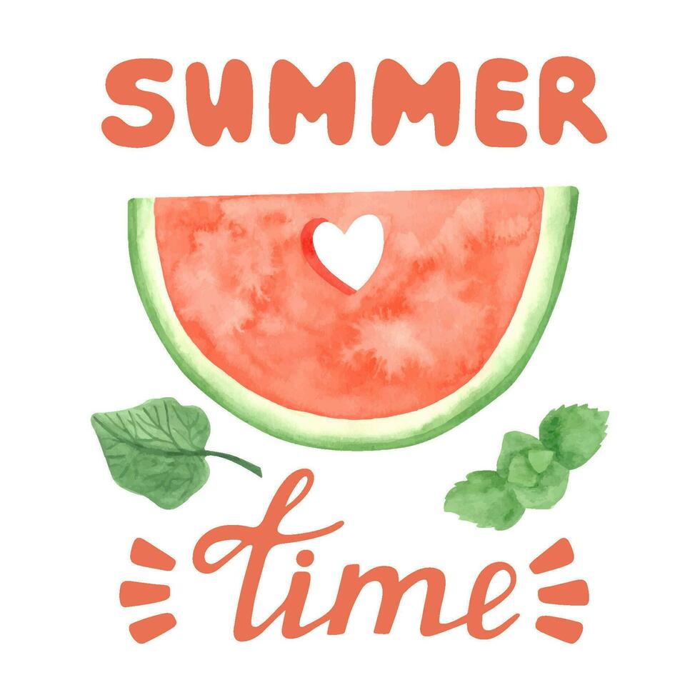 Watercolor watermelon ripe slice with handwritten romantic lettering. Summer time watermelon party vector