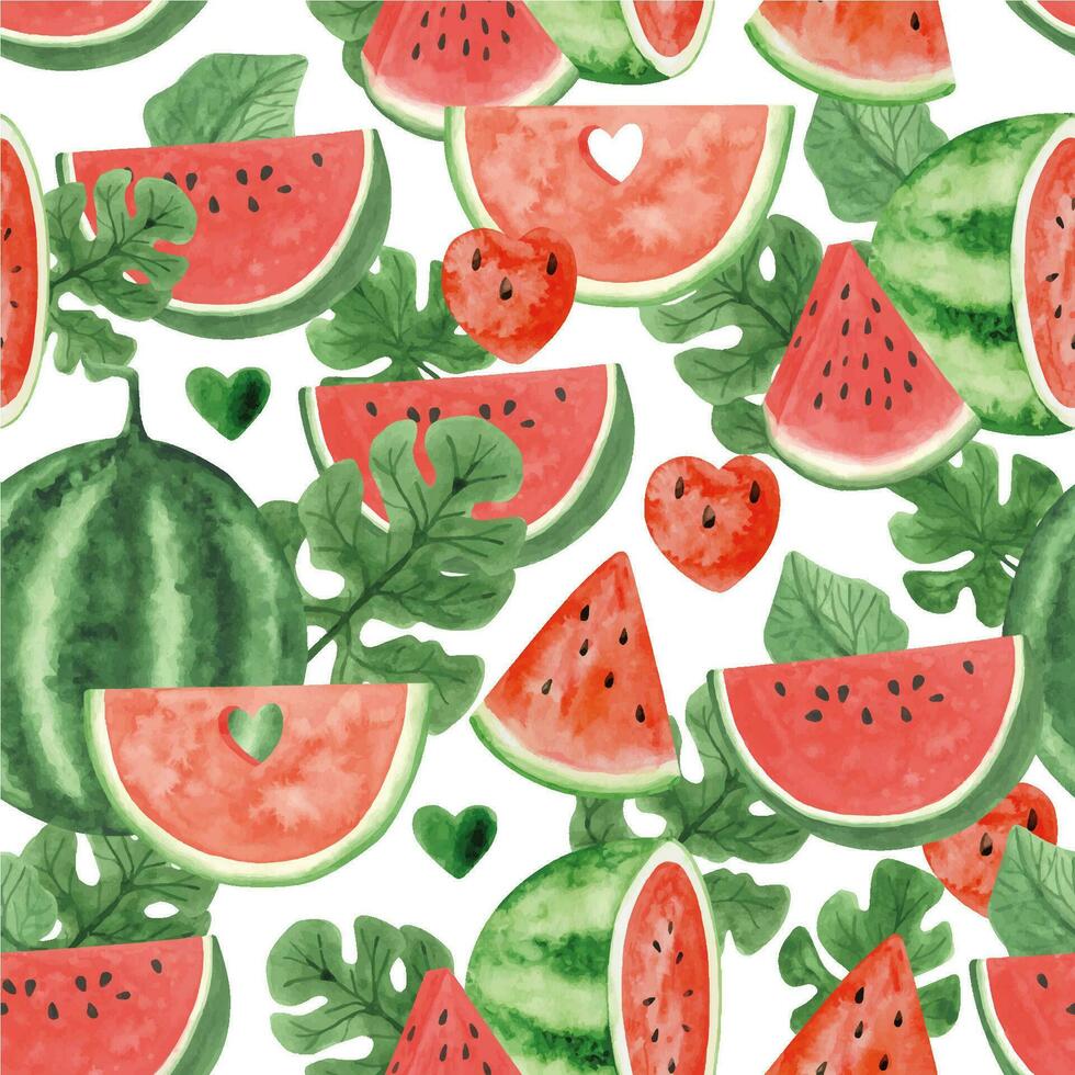 Watercolor watermelon seamless pattern, summer ripe fruit. Watermelon party vector