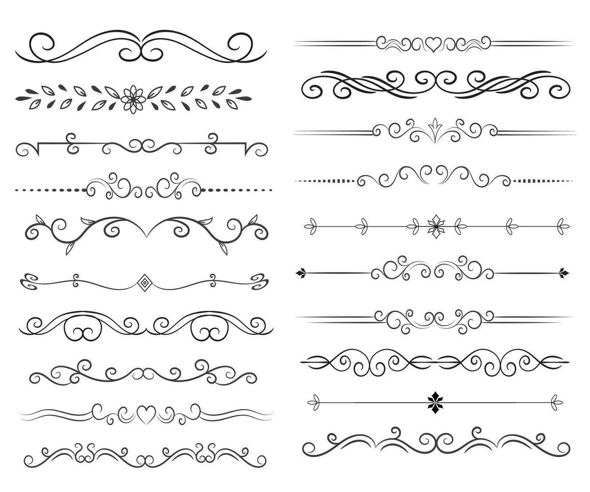 Page Divider And Design Elements. Set of Various Simple Black Divider Design, Assorted Divider Collection Template Vector. Collection of floral dividers elements mega decoration for Calligraphy. vector