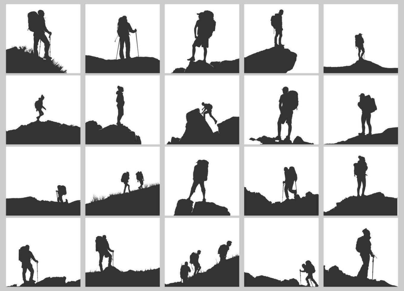 High details silhouette of hiking collection. Minimal symbol and logo of sport. Fit for element design, background, banner, backdrop, cover, logotype. Isolated on white background. Vector Eps 10.