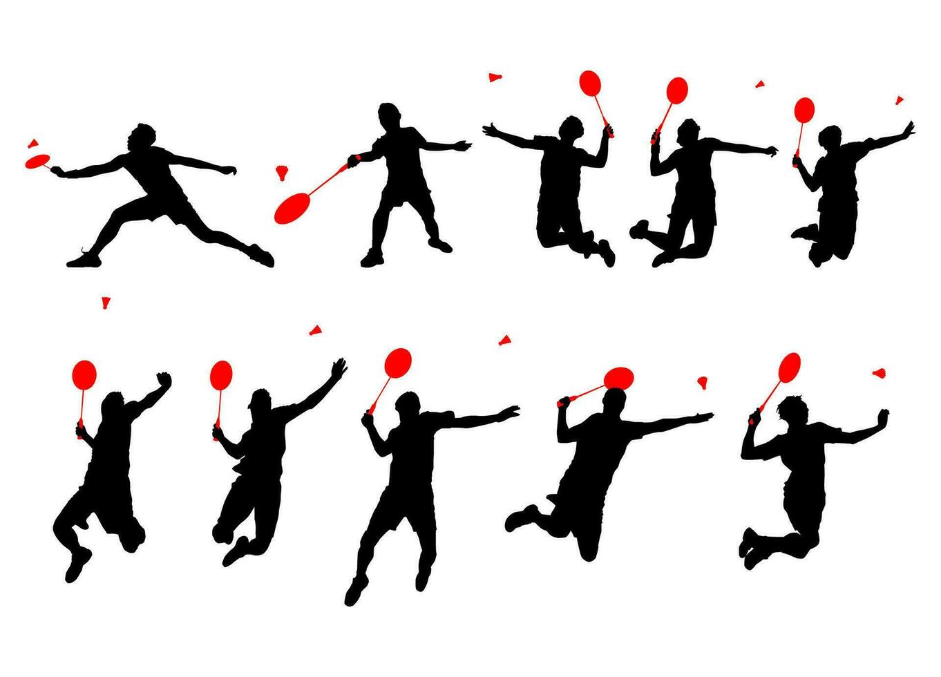High details silhouette of badminton collection. Minimal symbol and logo of sport. Fit for element design, background, banner, backdrop, cover, logotype. Isolated on white background. Vector Eps 10.