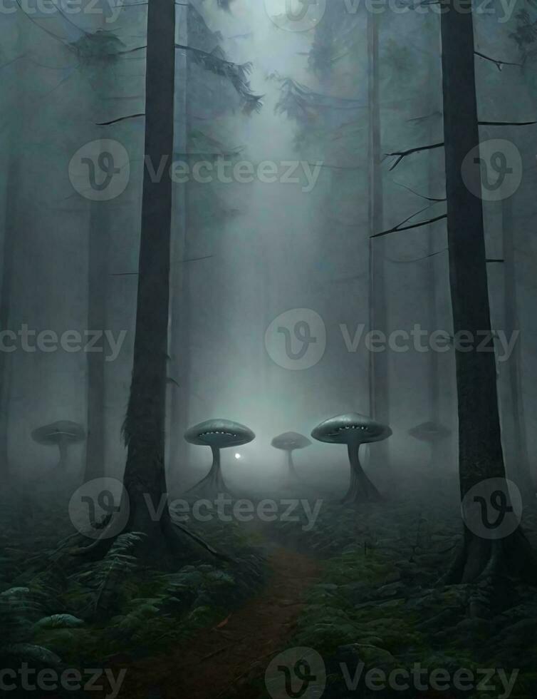 the forest is foggy and dark, there are UFOs and alien illustrations photo