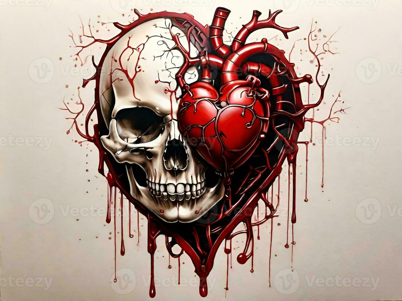 anatomical heart, dripping with red, combined with skull, biomechanical style illustration photo