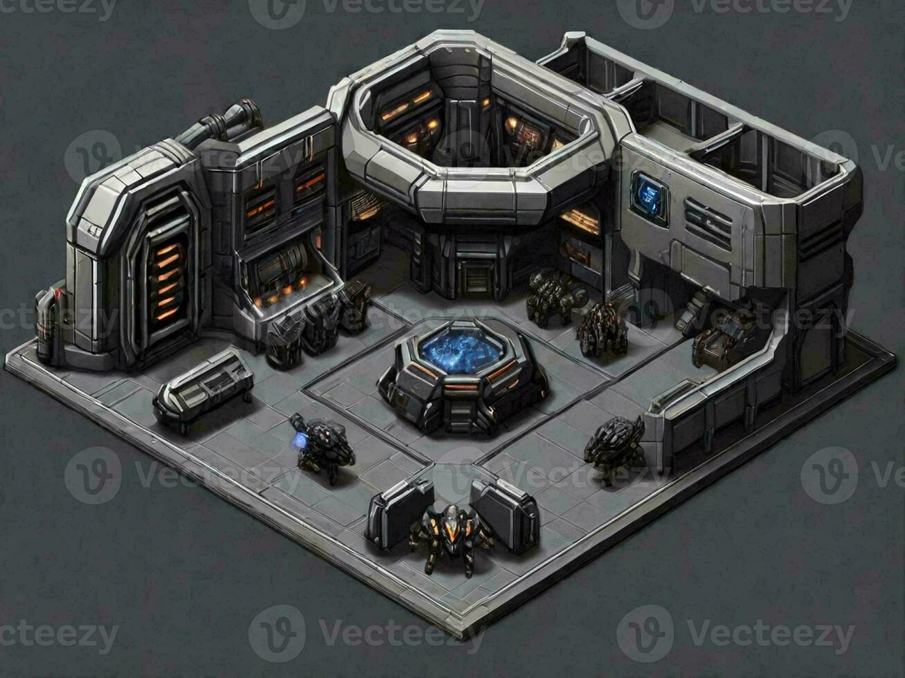 pixel art gray command center building, isometric view illustration photo