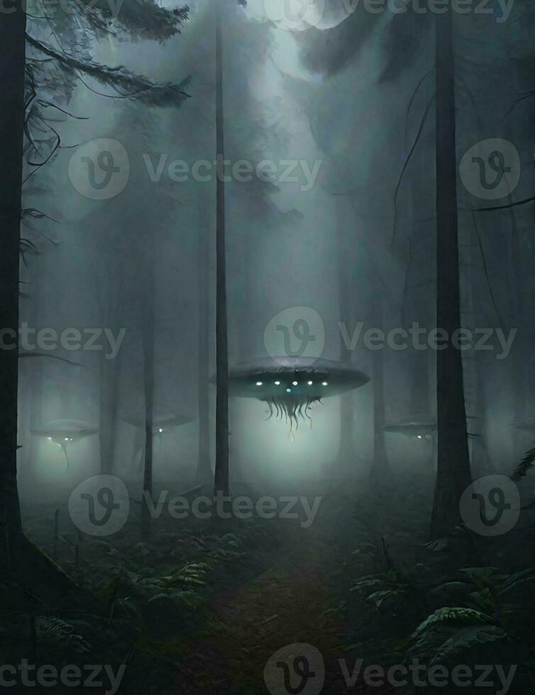 el bosque es brumoso y oscuro, allí son ovnis y extraterrestre ilustraciones foto