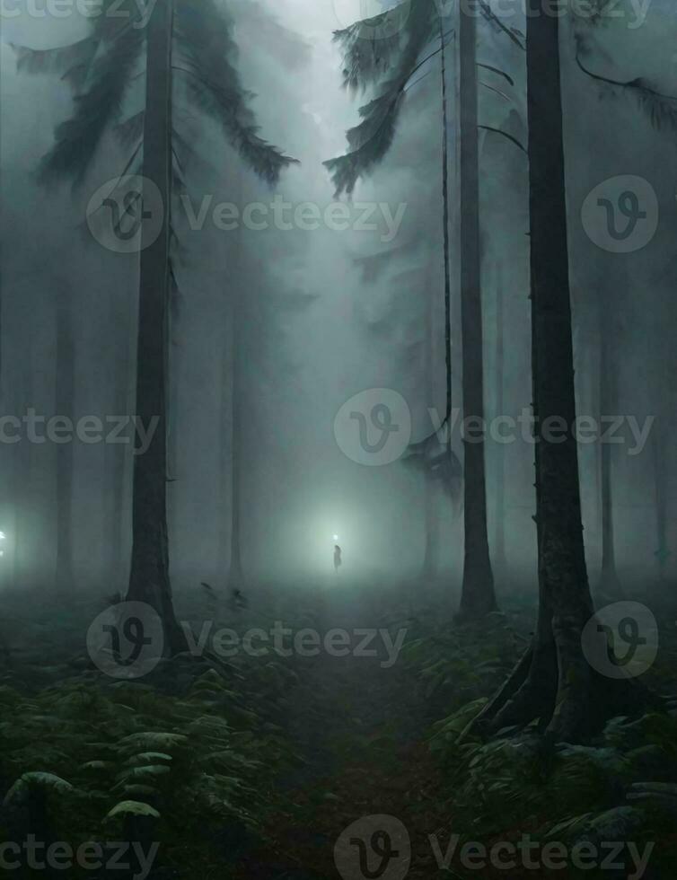 the forest is foggy and dark, there are UFOs and alien illustrations photo