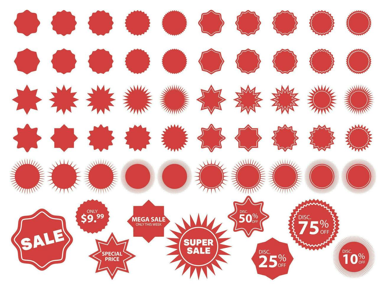 Red starburst sticker set. Price sticker, sale sticker, price tag, starburst, quality mark, retro silhouette. vector