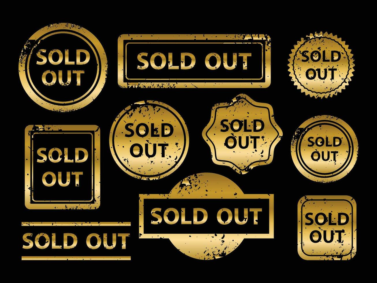 Gold sold out grunge stamp, sale badge template, vector illustration.