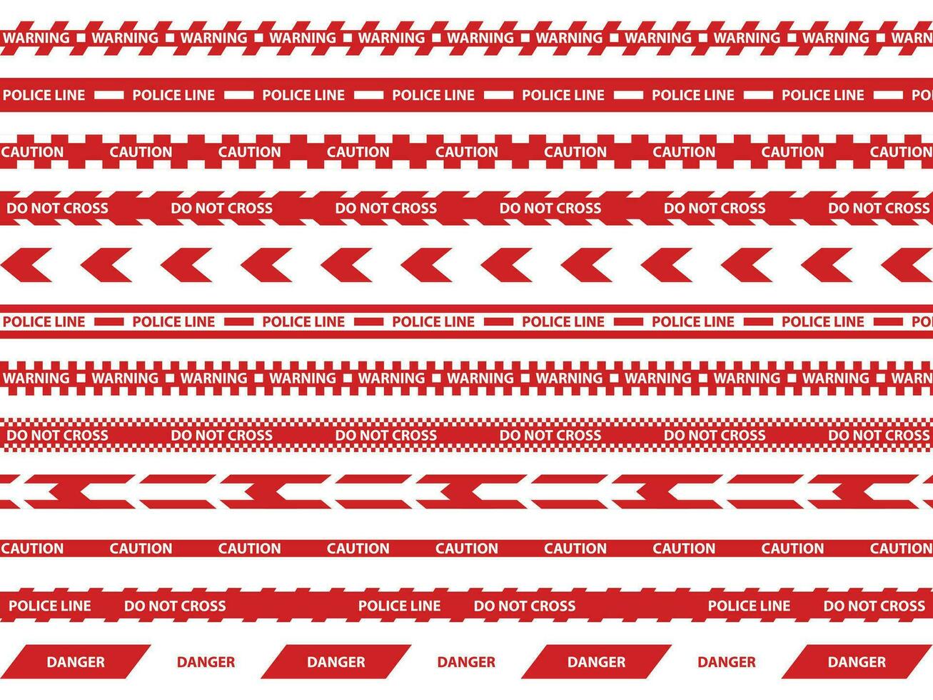 Caution tape set of red warning ribbons. Abstract warning lines for police, accident, under construction. Vector danger tape collection.