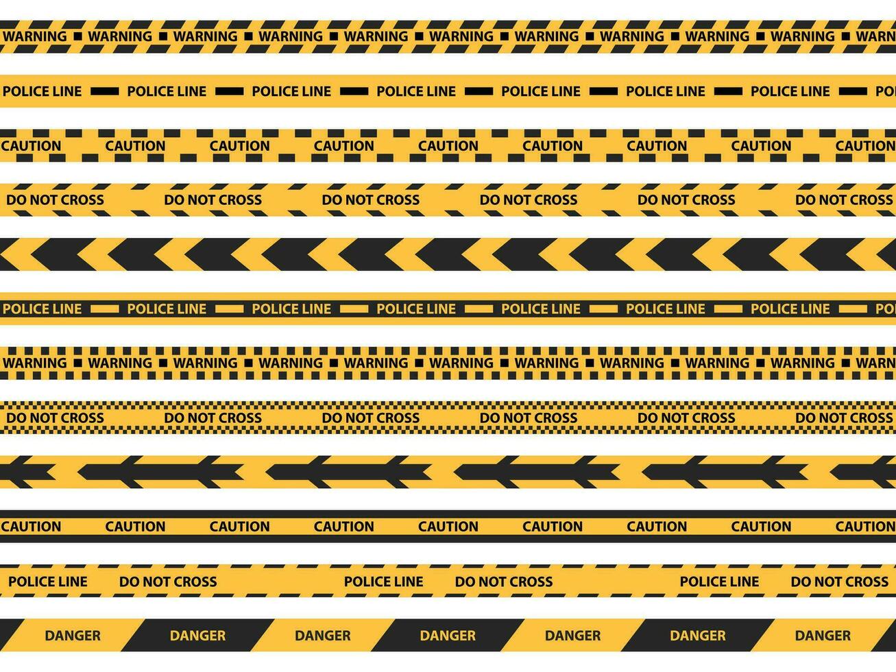 Caution tape set of yellow warning ribbons. Abstract warning lines for police, accident, under construction. Vector danger tape collection.